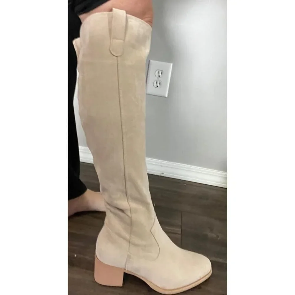 🆕Women's Beige Faux Suede Over The Knee Thigh High Chunky Heel Pointed Toe Boot